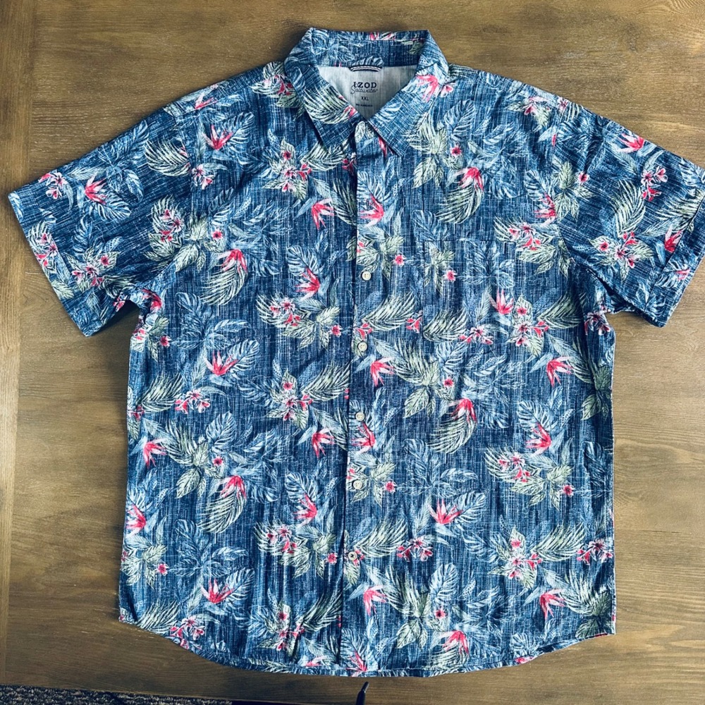 IZOD Saltwater Mens XXL Blue Tropical Bird of Paradise Cotton Shirt 46IZSHB1ER‎